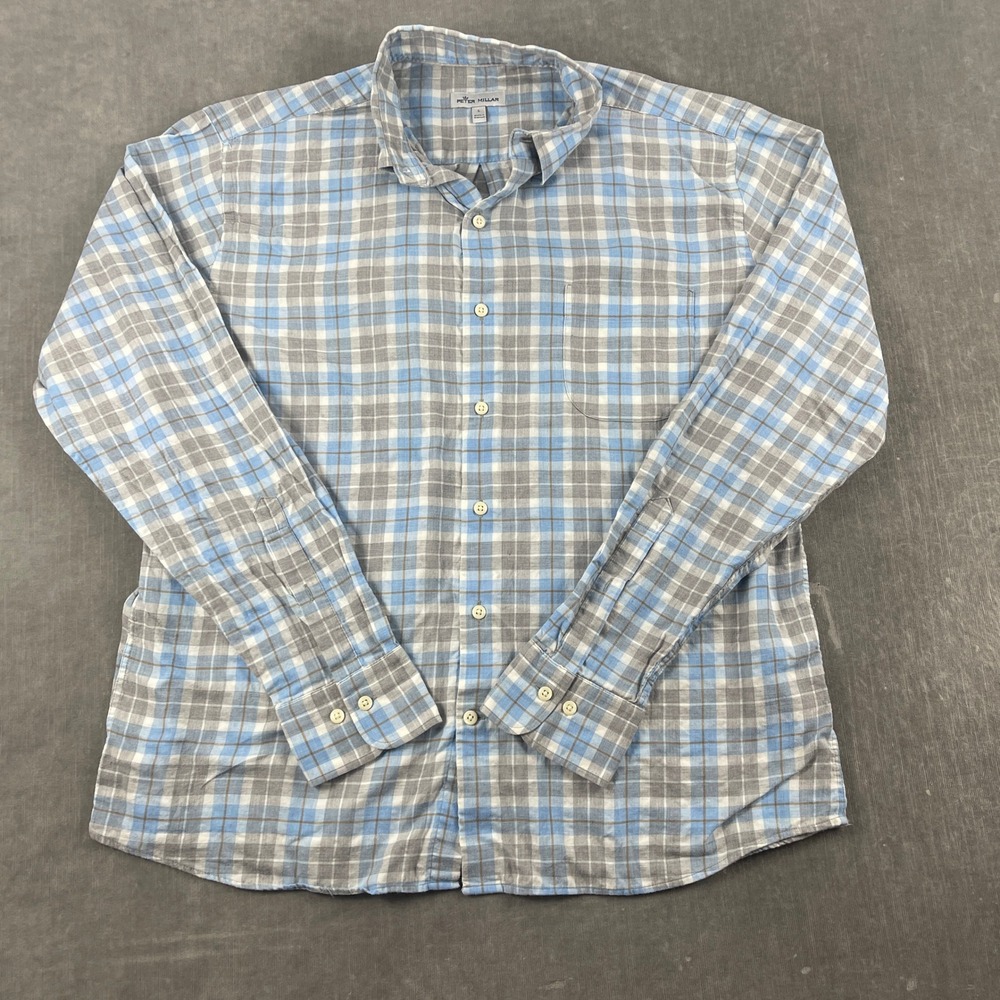 Peter Millar Mens L Blue Grey Plaid Cotton Long Sleeve Button Down Shirt